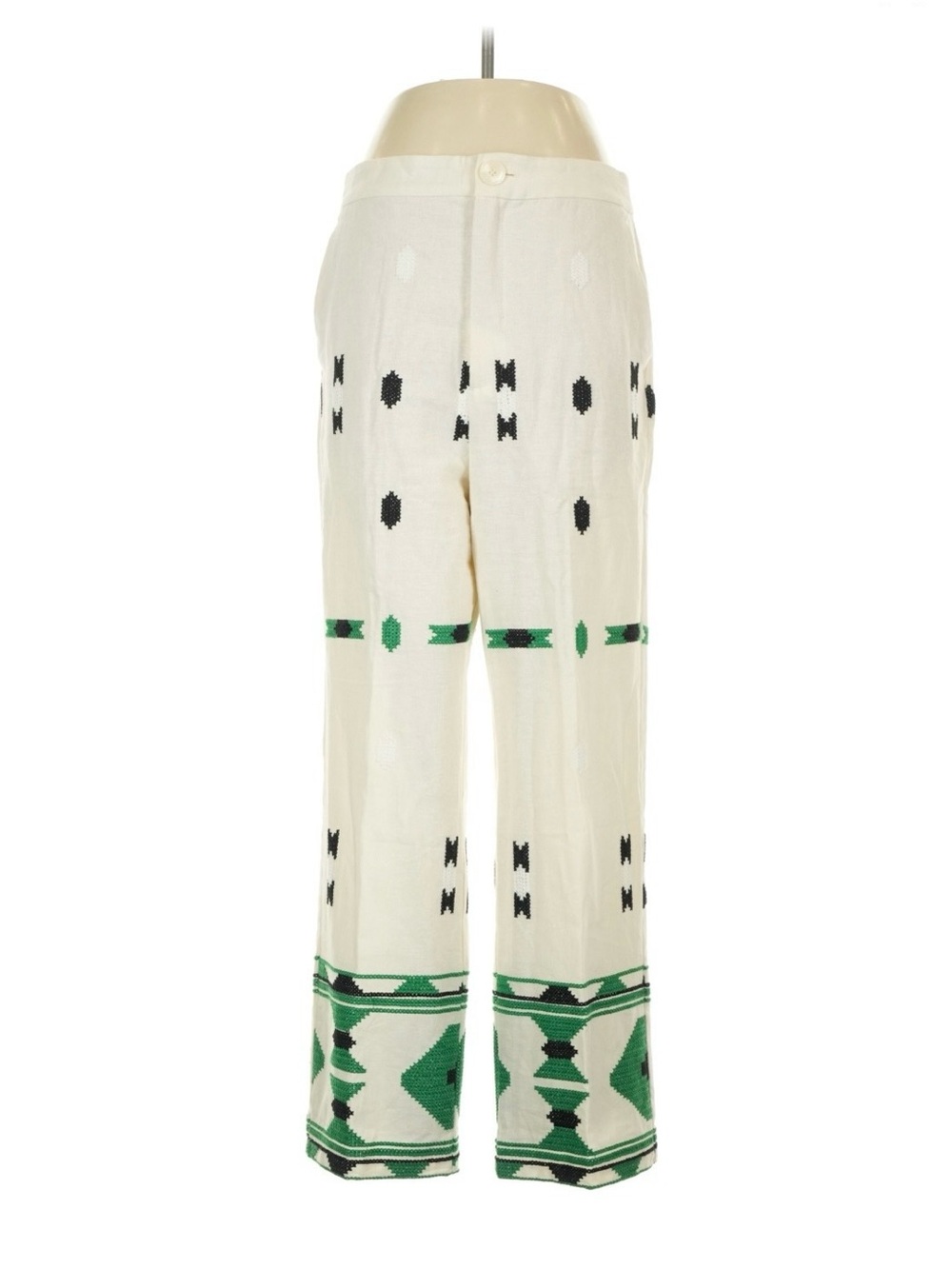 Zara Cream Wide-Leg Pants with Green & Black Embroidery